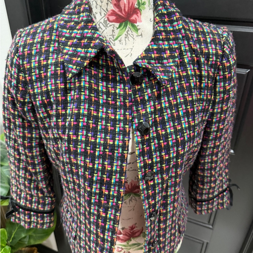 London Times Multicolor Tweed Crop Jacket - Black Base with Pink & Blue Accents - Picture 3 of 9